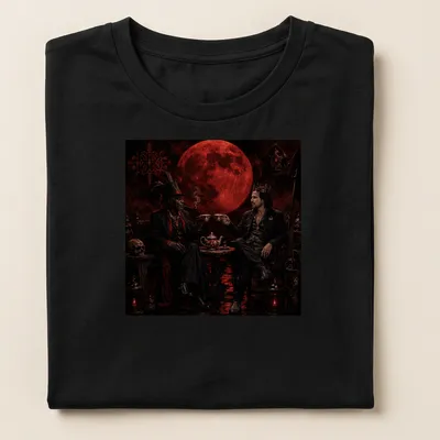 Illustration of Papa Legba and Sir Tank sharing tea in dark fantasy style — printed on a women's shirt