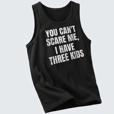 Vintage distressed tee with humorous text about parenting three kids — printed on a tank top