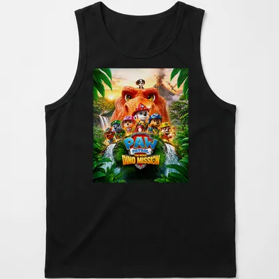 Colorful Paw Patrol characters with dinosaur themes on playful — printed on a tank top
