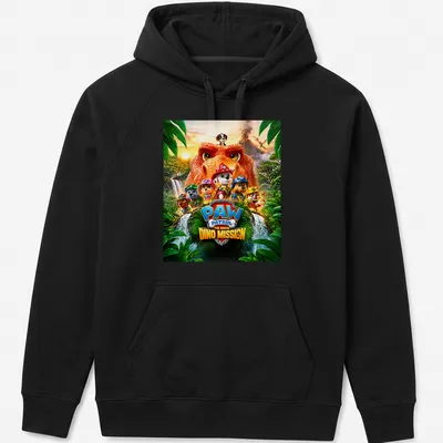 Colorful Paw Patrol characters with dinosaur themes on playful — printed on a unisex hoodie