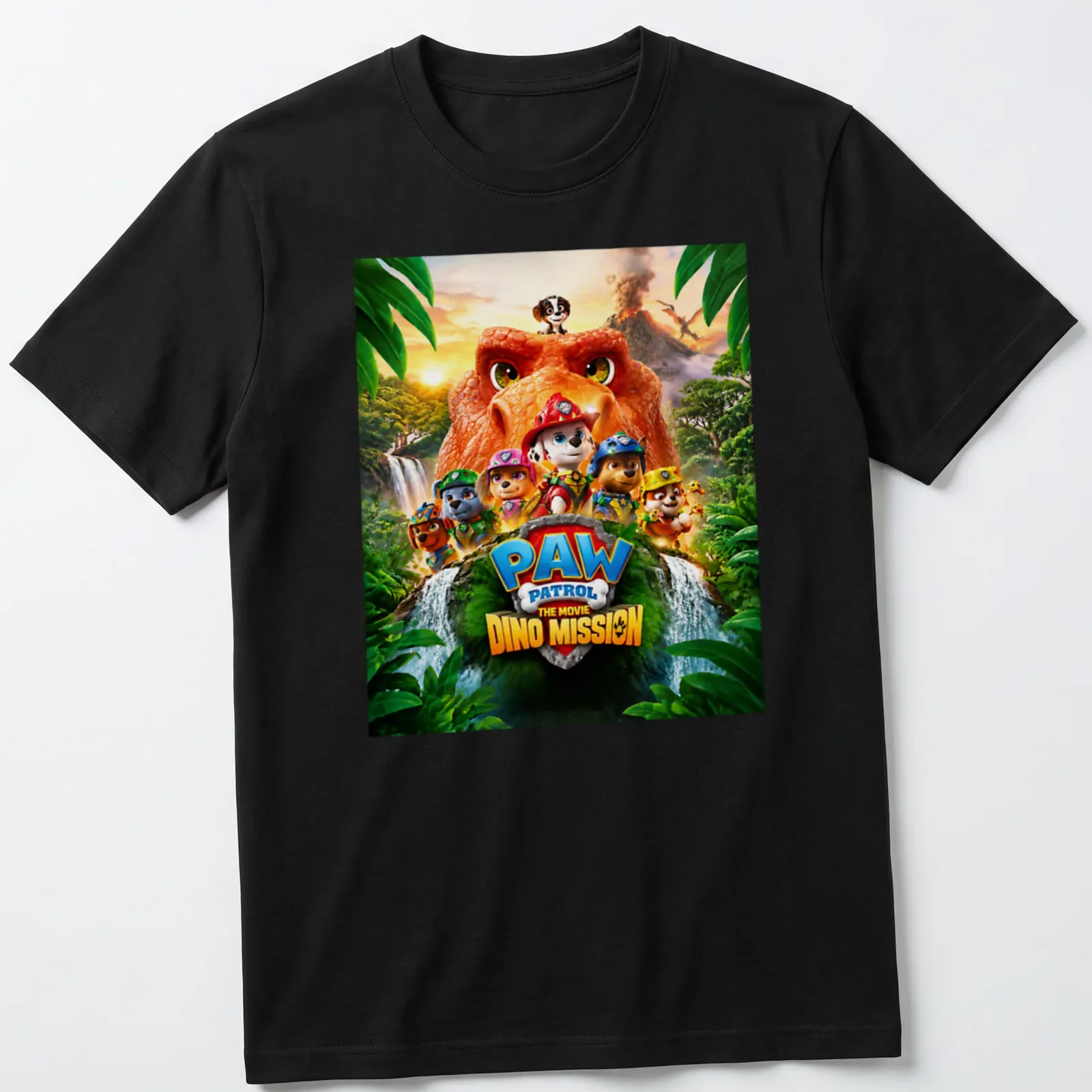 Colorful Paw Patrol characters with dinosaur themes on playful — printed on a unisex t-shirt