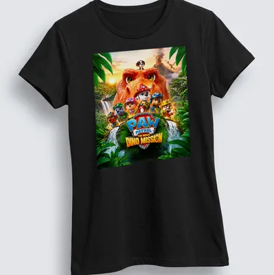 Colorful Paw Patrol characters with dinosaur themes on playful — printed on a women's shirt