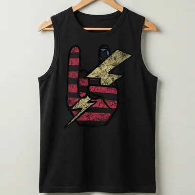 Distressed graphic of a peace sign in a lightning bolt with American flag colors — printed on a tank top