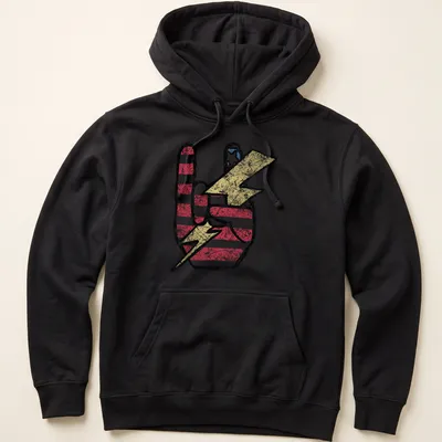 Distressed graphic of a peace sign in a lightning bolt with American flag colors — printed on a unisex hoodie