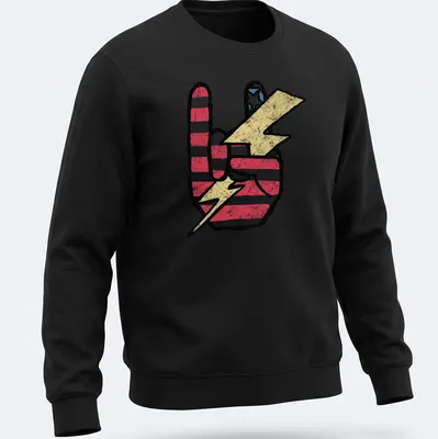 Distressed graphic of a peace sign in a lightning bolt with American flag colors — printed on a unisex sweatshirt