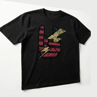 Distressed graphic of a peace sign in a lightning bolt with American flag colors — printed on a unisex t-shirt (angled view)