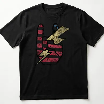 Distressed graphic of a peace sign in a lightning bolt with American flag colors