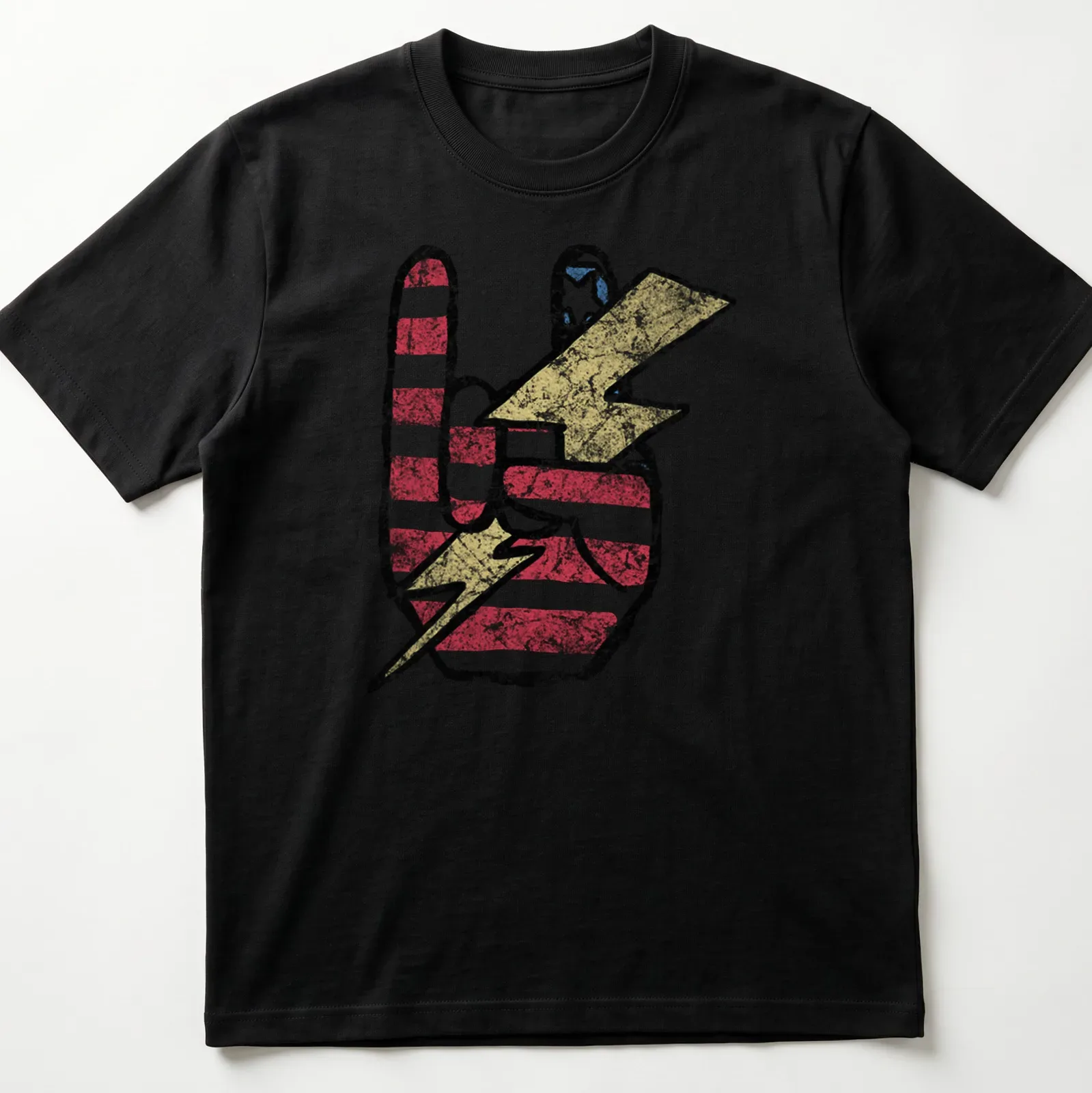 Distressed graphic of a peace sign in a lightning bolt with American flag colors — printed on a unisex t-shirt