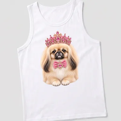 Realistic print of a Pekingese dog wearing a jeweled crown in pink and gold — printed on a tank top