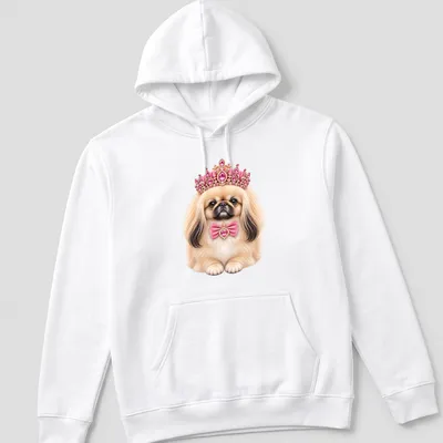 Realistic print of a Pekingese dog wearing a jeweled crown in pink and gold — printed on a unisex hoodie