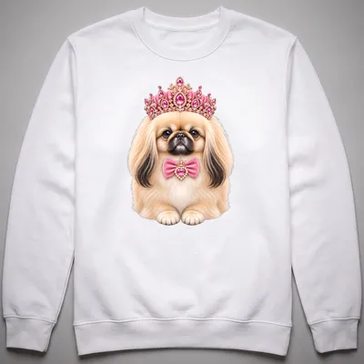Realistic print of a Pekingese dog wearing a jeweled crown in pink and gold — printed on a unisex sweatshirt