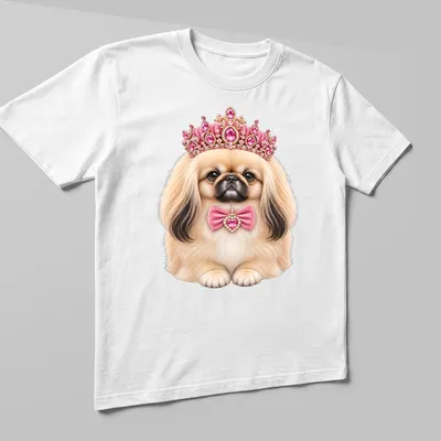 Realistic print of a Pekingese dog wearing a jeweled crown in pink and gold — printed on a unisex t-shirt (angled view)