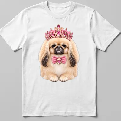 Realistic print of a Pekingese dog wearing a jeweled crown in pink and gold