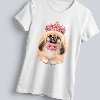 Realistic print of a Pekingese dog wearing a jeweled crown in pink and gold — printed on a women's shirt