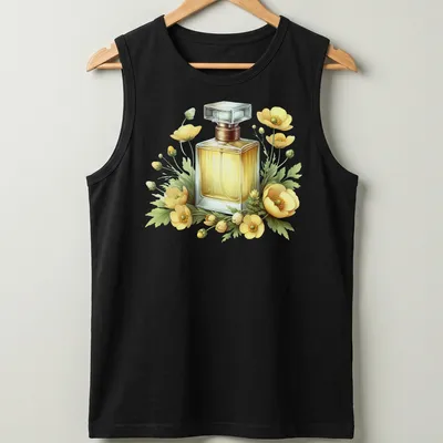 Realistic illustration of a perfume bottle surrounded by yellow flowers — printed on a tank top