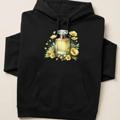 Realistic illustration of a perfume bottle surrounded by yellow flowers — printed on a unisex hoodie
