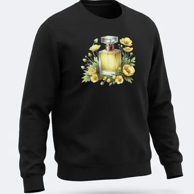 Realistic illustration of a perfume bottle surrounded by yellow flowers — printed on a unisex sweatshirt