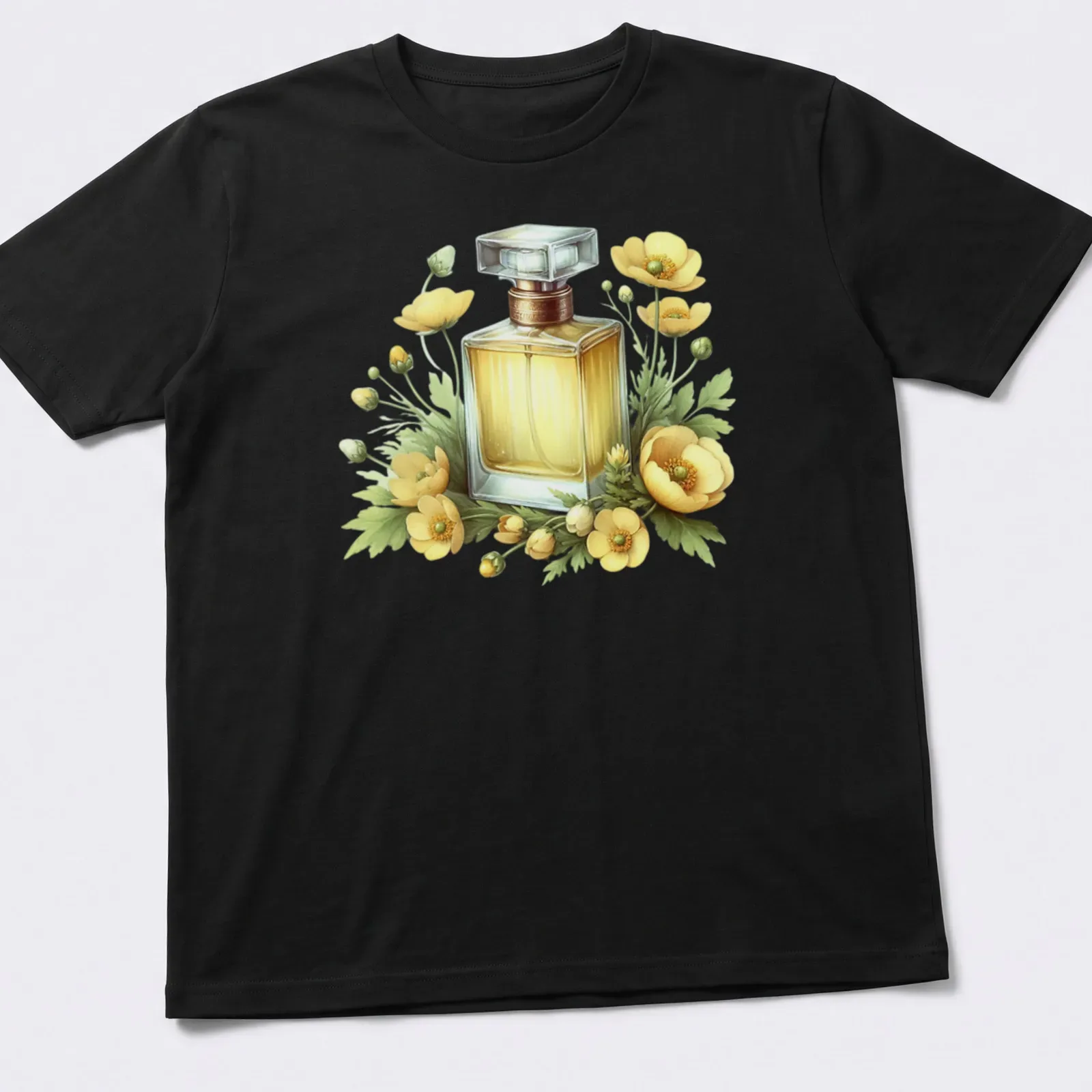 Realistic illustration of a perfume bottle surrounded by yellow flowers — printed on a unisex t-shirt