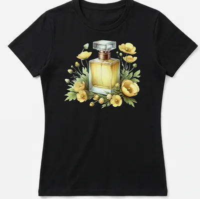 Realistic illustration of a perfume bottle surrounded by yellow flowers — printed on a women's shirt