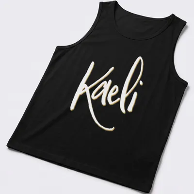 Elegant script personalized name T-shirt featuring 'Kaeli' in gold and white — printed on a tank top