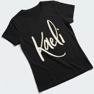 Elegant script personalized name T-shirt featuring 'Kaeli' in gold and white — printed on a women's shirt