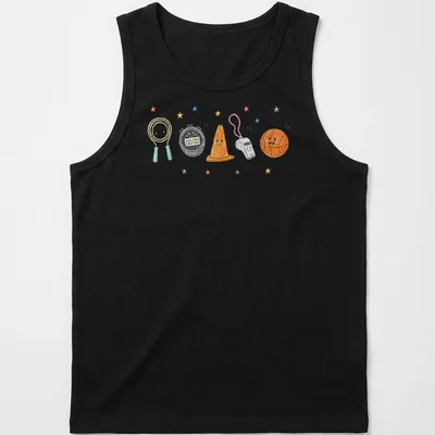 Kawaii illustration of smiling gym equipment characters in bright colors — printed on a tank top