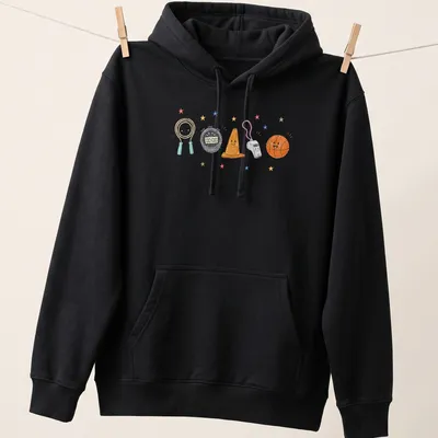 Kawaii illustration of smiling gym equipment characters in bright colors — printed on a unisex hoodie