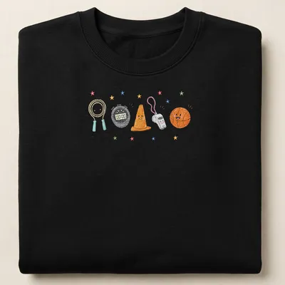 Kawaii illustration of smiling gym equipment characters in bright colors — printed on a unisex sweatshirt