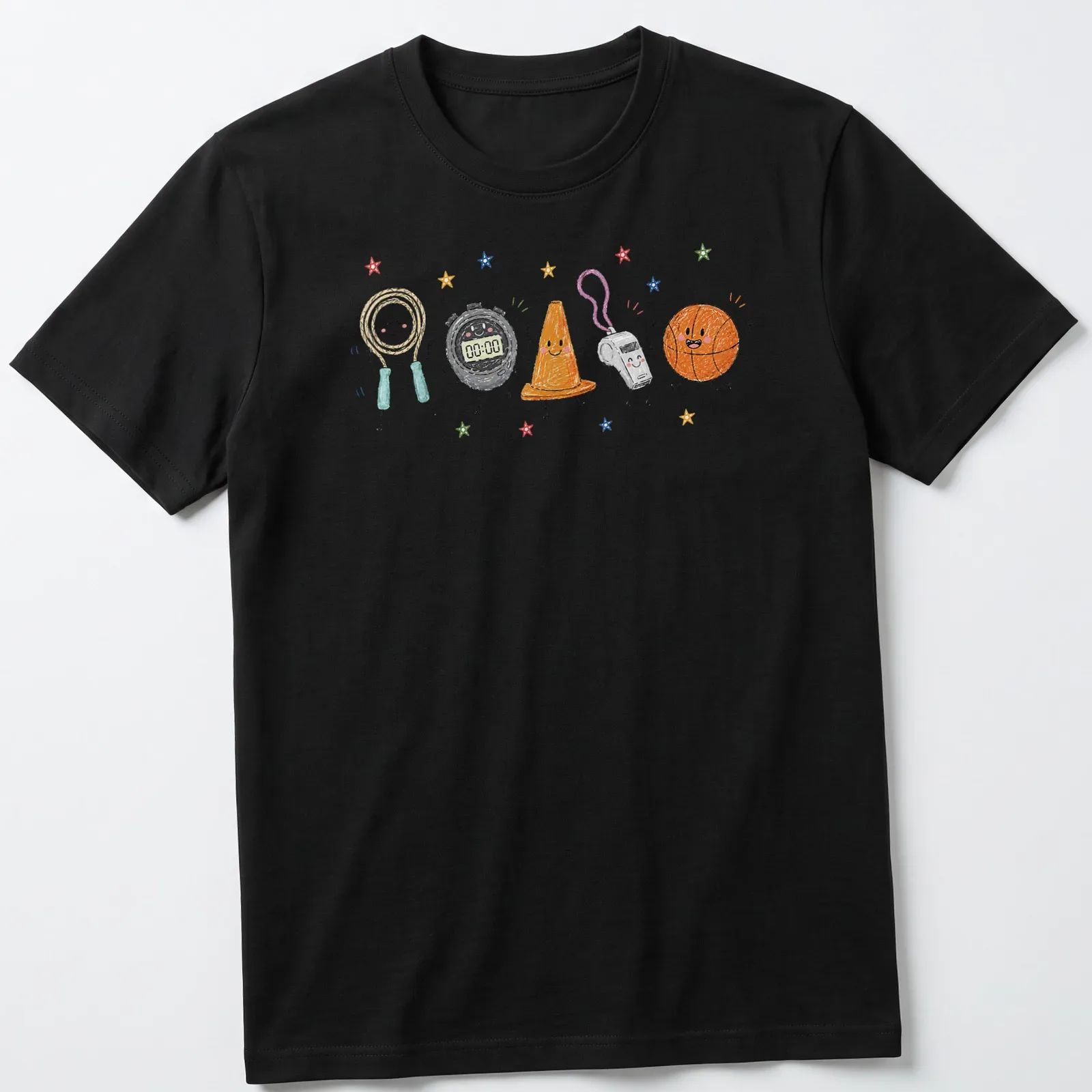 Kawaii illustration of smiling gym equipment characters in bright colors — printed on a unisex t-shirt