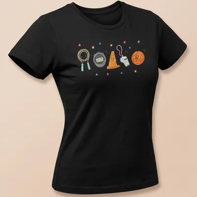 Kawaii illustration of smiling gym equipment characters in bright colors — printed on a women's shirt