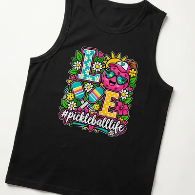Colorful illustration of a smiling pickleball with sunglasses and text '#pickleballlife' — printed on a tank top