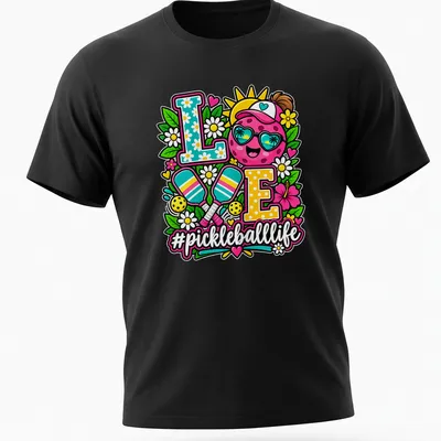 Colorful illustration of a smiling pickleball with sunglasses and text '#pickleballlife'