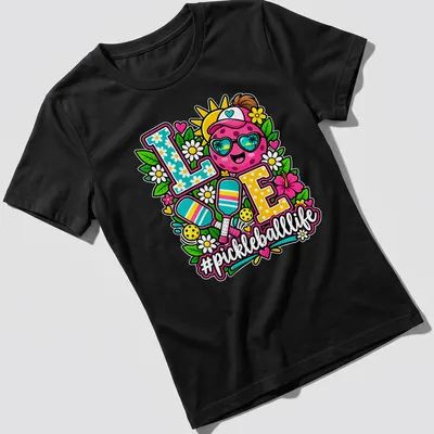 Colorful illustration of a smiling pickleball with sunglasses and text '#pickleballlife' — printed on a women's shirt