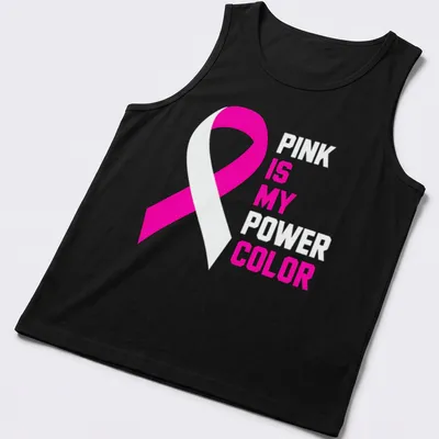 Bold typography t-shirt featuring a pink ribbon and empowering text — printed on a tank top