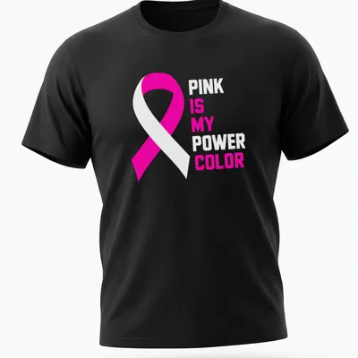 Bold typography t-shirt featuring a pink ribbon and empowering text