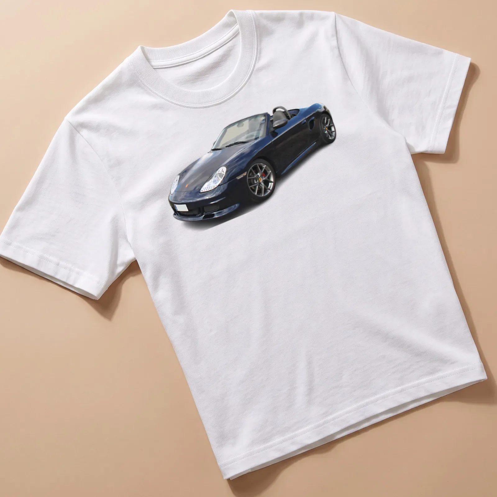 Realistic print of a Porsche Boxster 986S in black, silver, and gray — printed on a unisex t-shirt