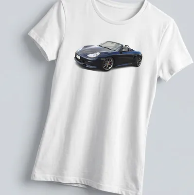 Realistic print of a Porsche Boxster 986S in black, silver, and gray — printed on a women's shirt