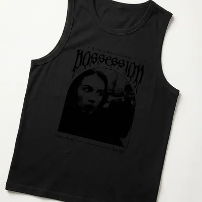 Vintage horror style shirt featuring film characters and classic text from Possession. — printed on a tank top