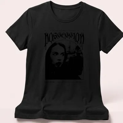 Vintage horror style shirt featuring film characters and classic text from Possession. — printed on a women's shirt