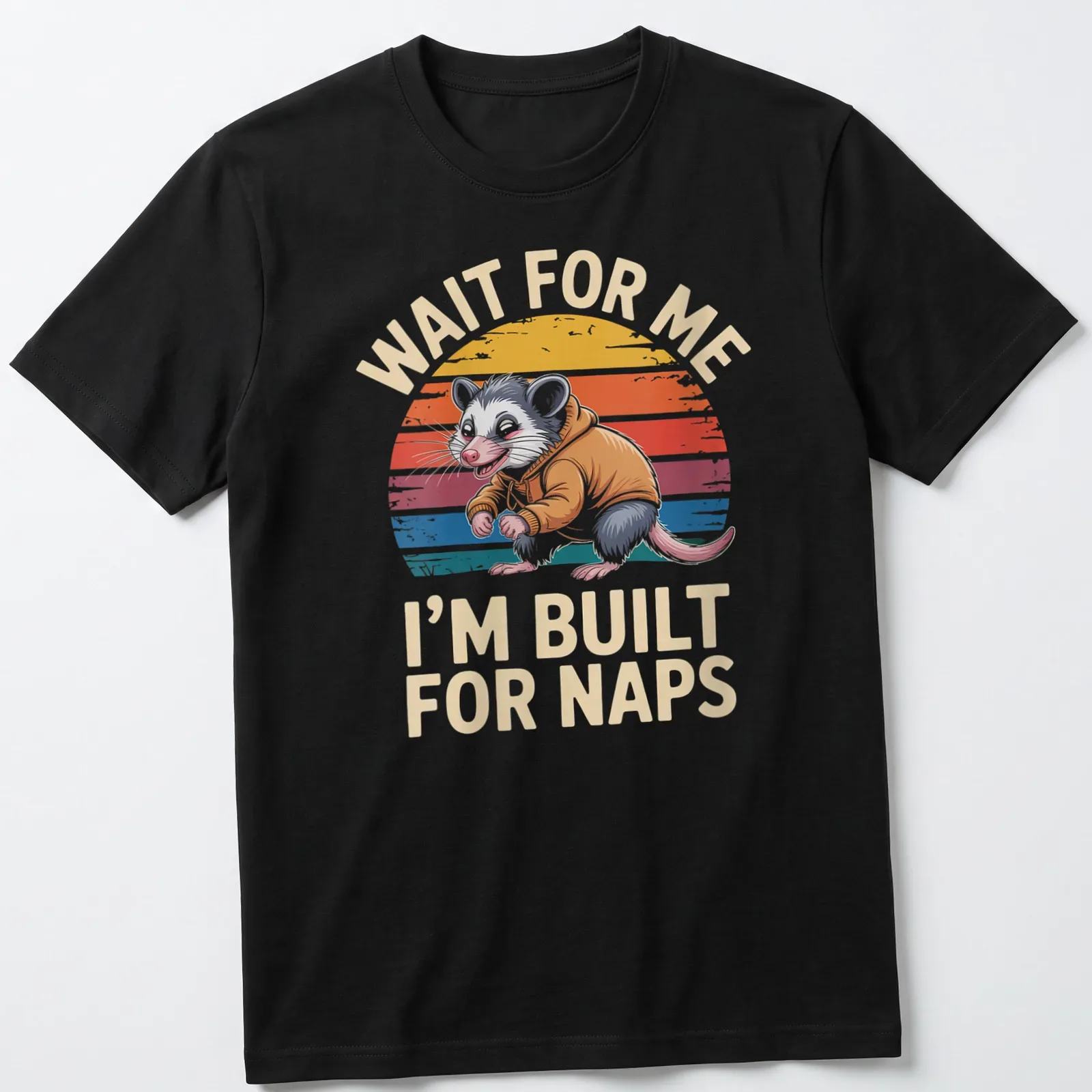 Vintage retro t-shirt featuring a possum and the phrase about naps in bright colors. — printed on a unisex t-shirt