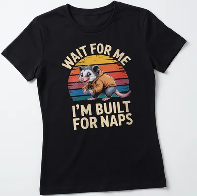 Vintage retro t-shirt featuring a possum and the phrase about naps in bright colors. — printed on a women's shirt