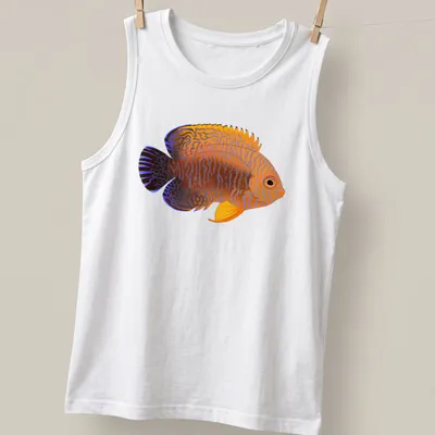 Illustrative Potter's Angelfish t-shirt featuring vibrant orange and blue colors — printed on a tank top