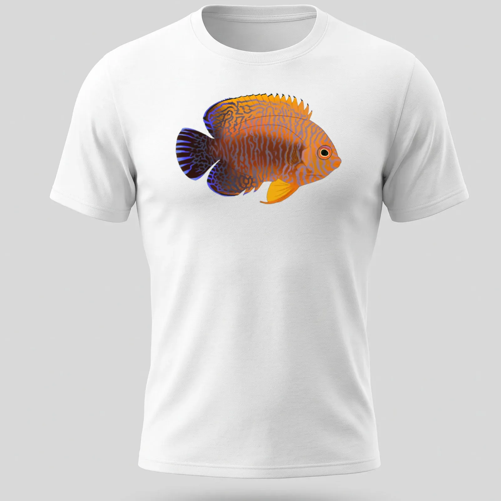 Illustrative Potter's Angelfish t-shirt featuring vibrant orange and blue colors — printed on a unisex t-shirt