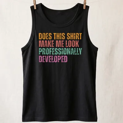 Bold colorful t-shirt with the phrase Does This Shirt Make Me Look Professionally Developed — printed on a tank top