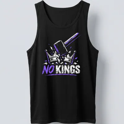 Bold 'NO KINGS' graphic featuring a gavel and crowns in purple and white. — printed on a tank top