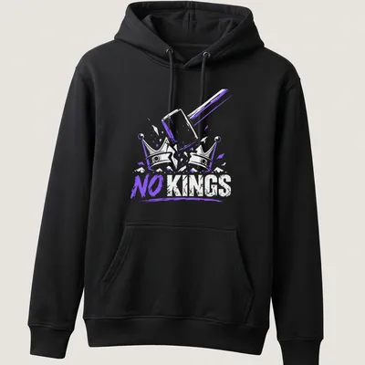 Bold 'NO KINGS' graphic featuring a gavel and crowns in purple and white. — printed on a unisex hoodie