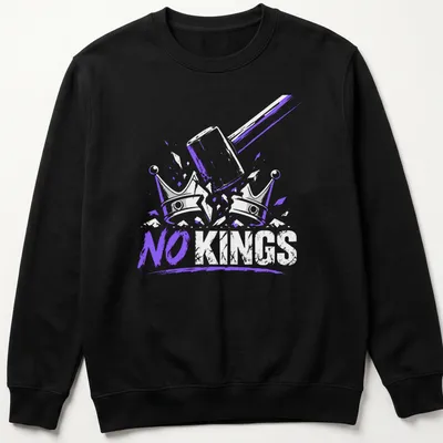 Bold 'NO KINGS' graphic featuring a gavel and crowns in purple and white. — printed on a unisex sweatshirt