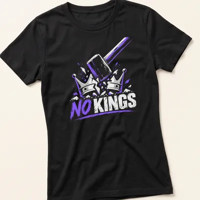Bold 'NO KINGS' graphic featuring a gavel and crowns in purple and white. — printed on a women's shirt