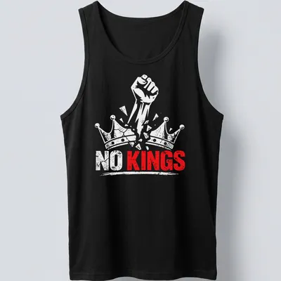 Distressed print of a raised fist with 'NO KINGS' text in red and white — printed on a tank top