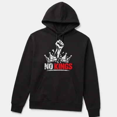 Distressed print of a raised fist with 'NO KINGS' text in red and white — printed on a unisex hoodie
